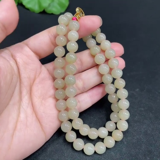 H34037001 Hetian Jade Bead Necklace Approx. 7.7mm Non-Gold-Inlaid Total Weight About 43.2g