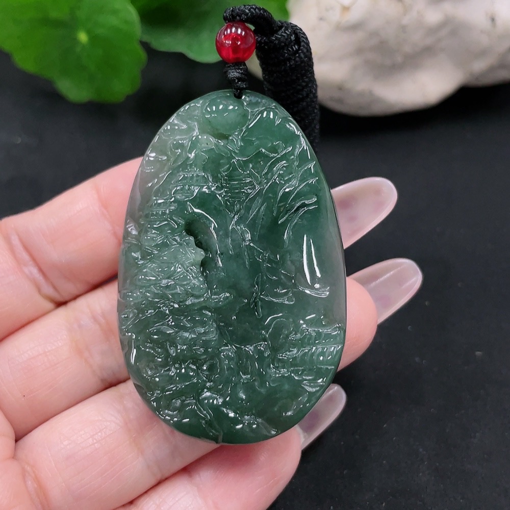 F34069181 Jadeite Landscape Pendant Total Weight Approx. 28.3g (Including Rope Weight)