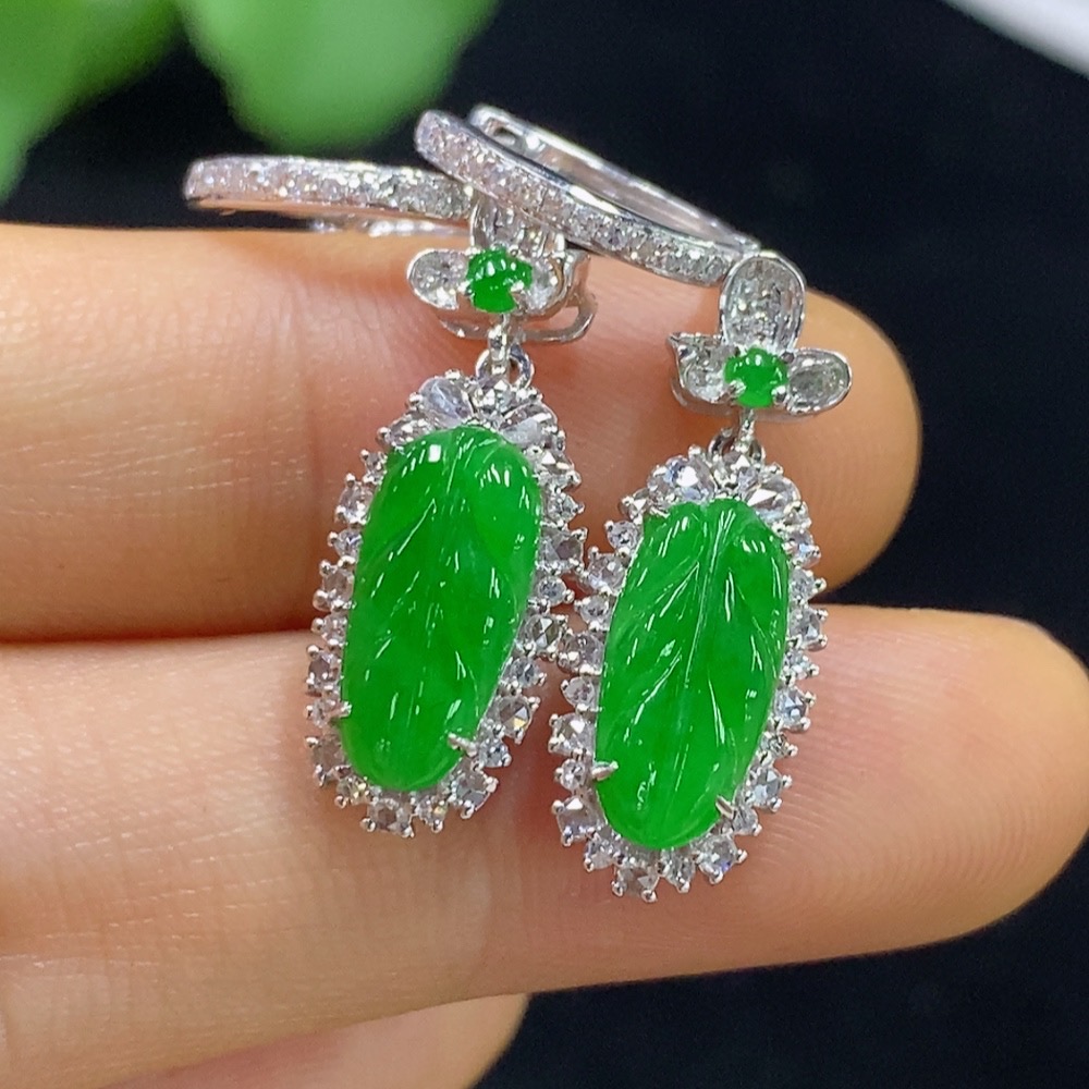 F35134343 Jadeite Lucky Bean Ear Clips 18k with Diamond Accents Total Weight Approx. 4.67g