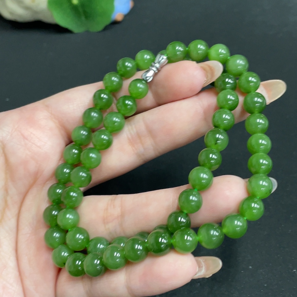 H32736683 Hetian Jade Bead Necklace, Approx. 7.9mm, Total Weight Approx. 44.8g