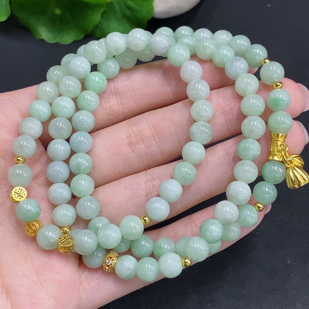 F34061211 Jadeite Beaded Necklace Non-Gold Inlaid Total Weight Approx. 49.4g Size About 6.7mm