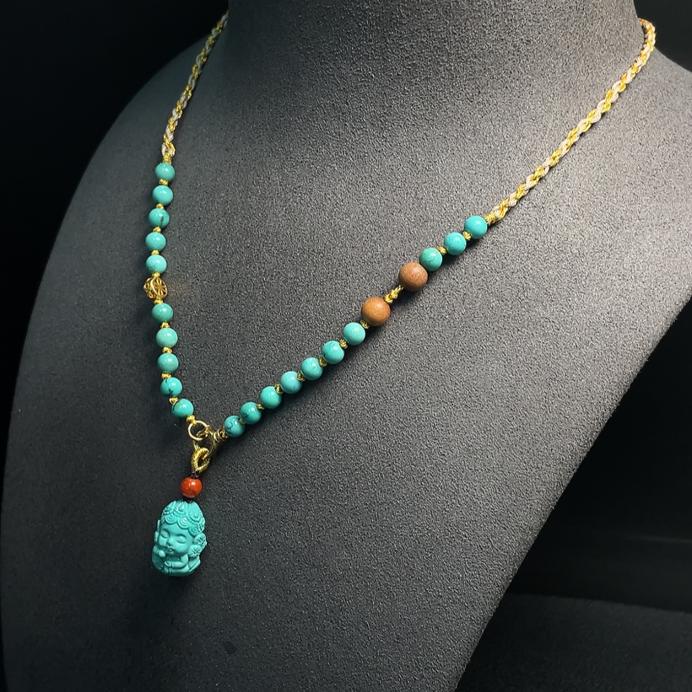 C34008553 Turquoise Pendant with Non-Natural Accent Stones, Total Weight Approx. 7.88g (Incl. Cord), Marked in Red Without Stamp, Surface Gold Content 75%, Rest Non-Gold