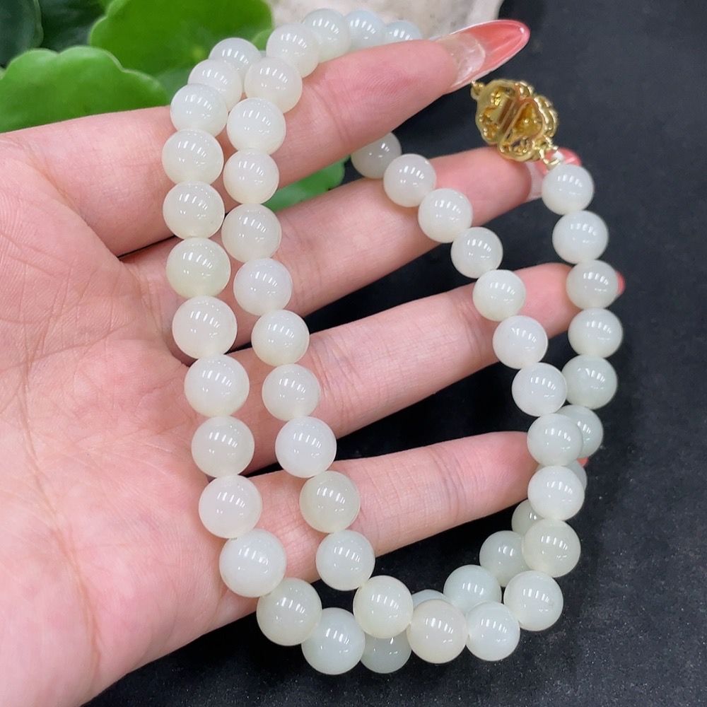 H35113565 Hetian Jade Bead Necklace Non-Gold Size about 8.4mm Total Weight about 50.6g