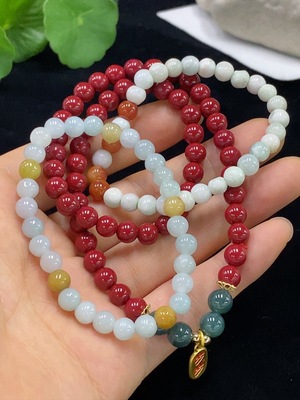 F33861746 Jadeite Beaded Necklace (Matching Strand Non-A) / Bracelet (Red Beads Non-A / Color Origin Undetermined)