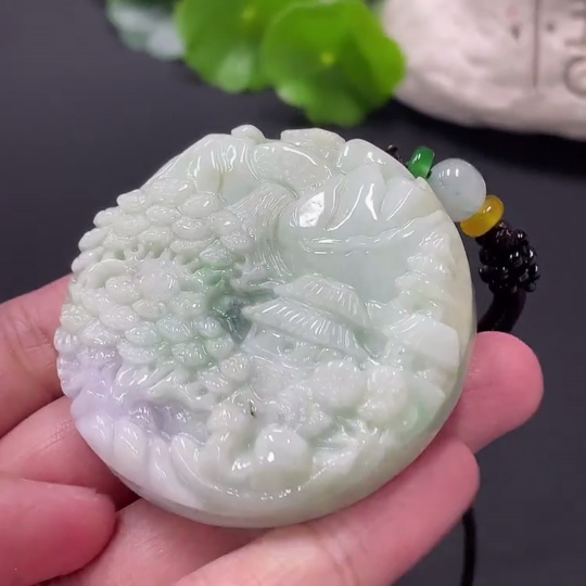 F25917702 Jadeite Pendant Landscape Plaque Total Weight Approx. 70.25g With Non-Grade A Beads