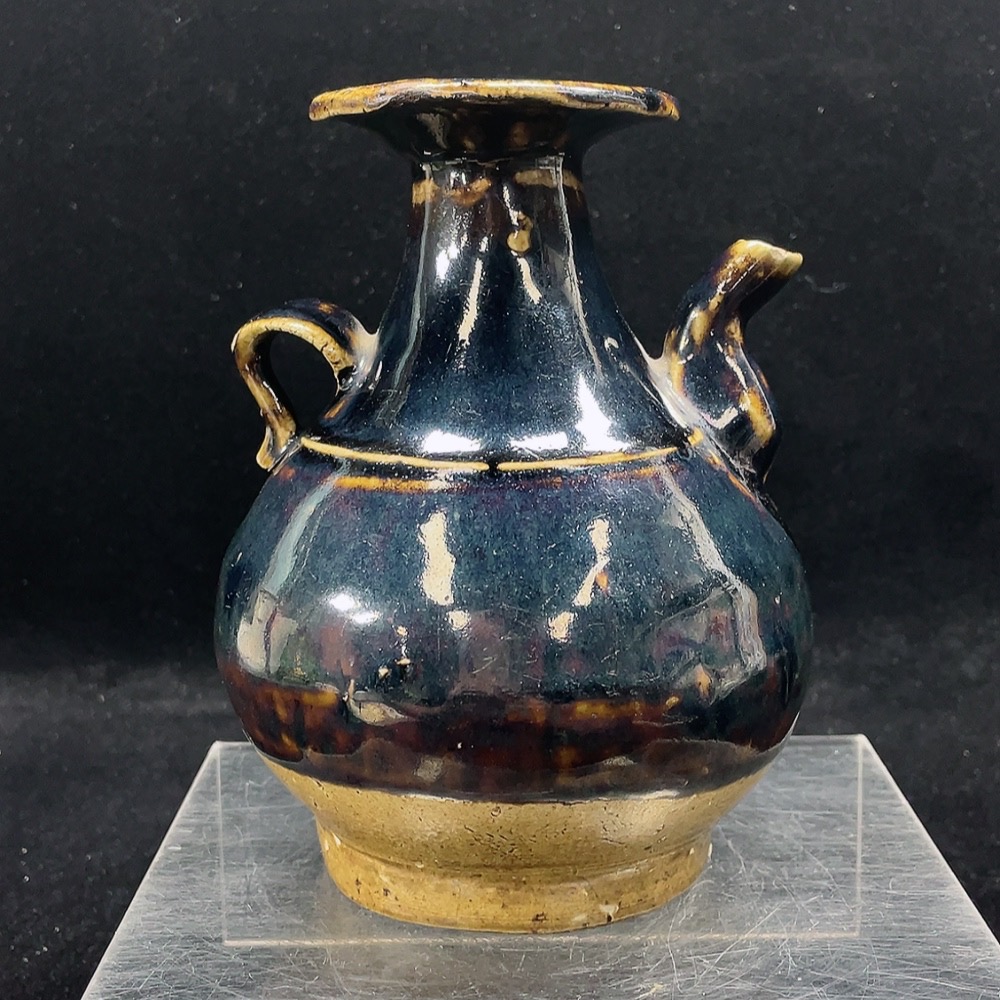 W33855132 Ceramic, intact, small kiln black-glazed handled pouring bottle, size as per actual item