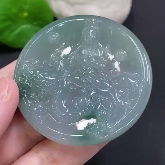 F33857927 Jadeite Dragon-Guarding Guanyin Pendant