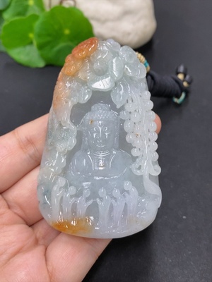 F45407556 翡翠求佛问道挂件 货品含绳总重约89.7克（颜色成因未定）（有收藏证书）