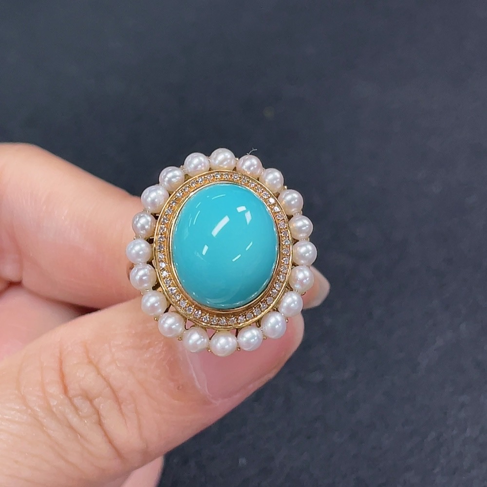 C34949612 Turquoise Ring with Diamond Accents, 18K Gold, Paired with Pearls, Total Weight Approx. 7.1g, Size 15.5