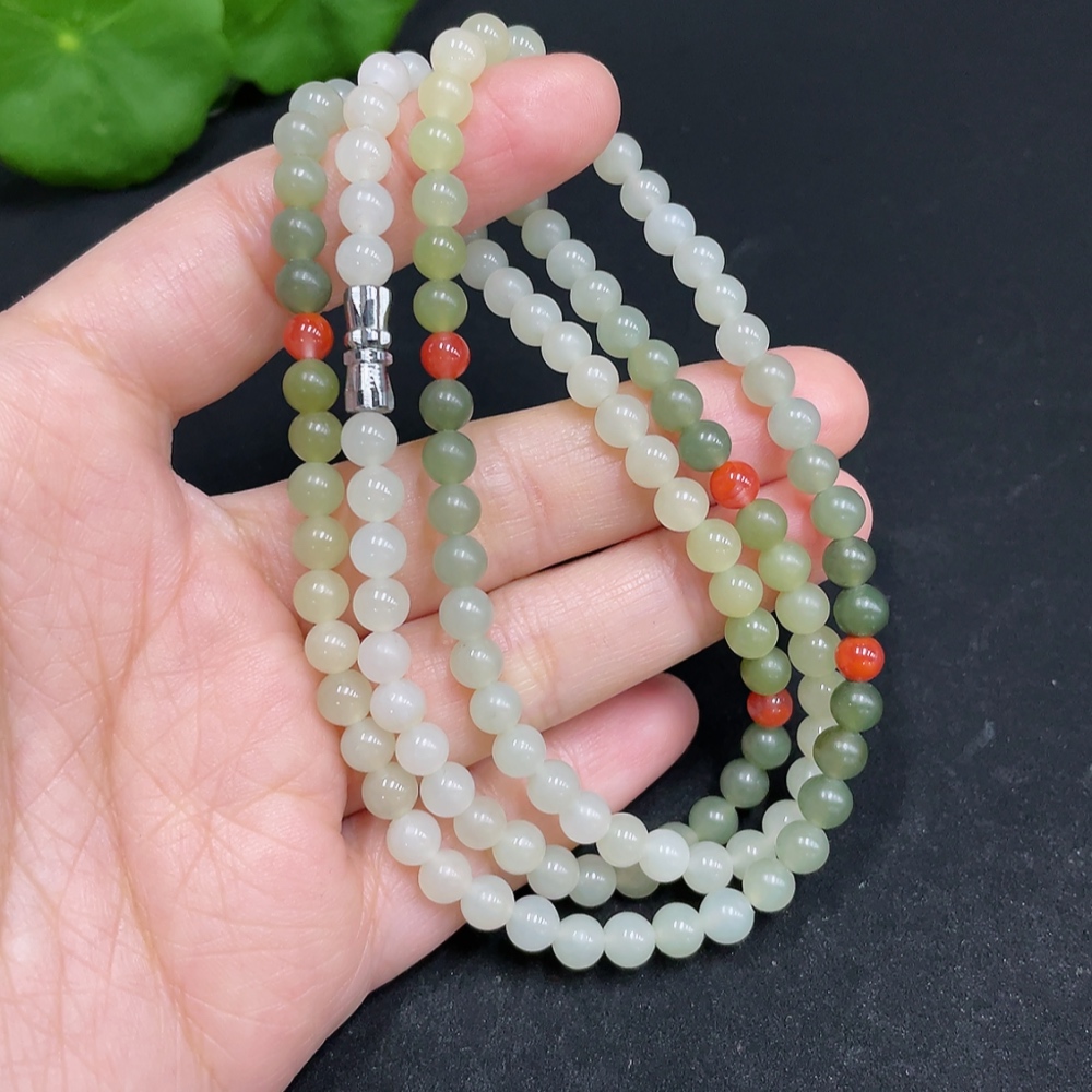 H34037533 Hetian Jade Bead Necklace, approx. 5mm, total weight about 24.7g, with Southern Red Agate
