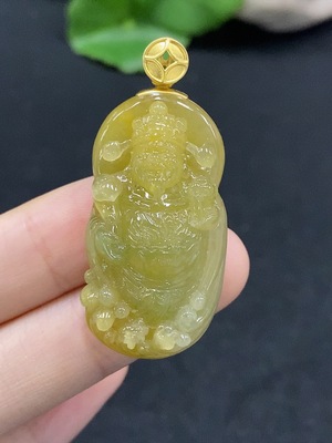 F32729253 Jadeite Caishen Pendant 18K Gold Color Origin Undetermined Total Weight Approx. 12.84g