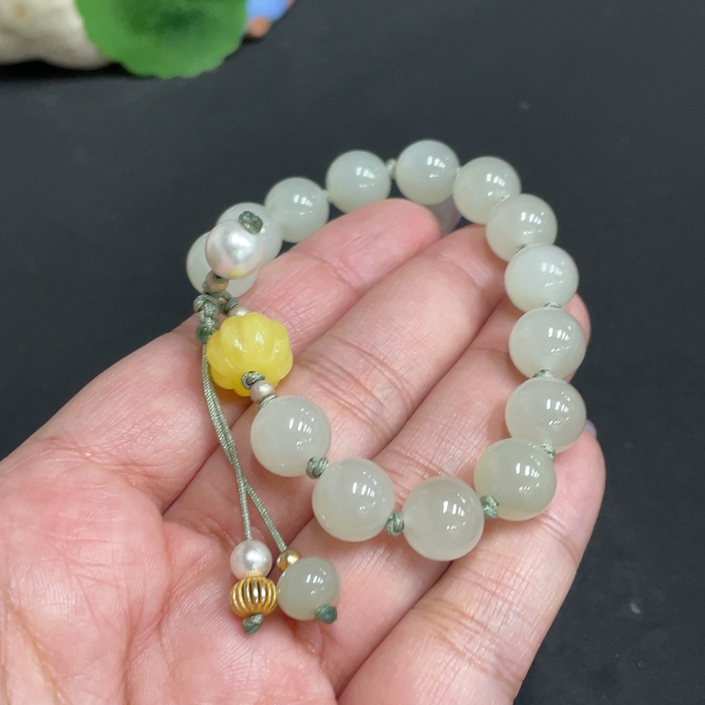 H33862731 Hetian Jade Bead Bracelet, approx. 9.9 mm, total weight about 24.8g, non-Hetian jade accessory beads