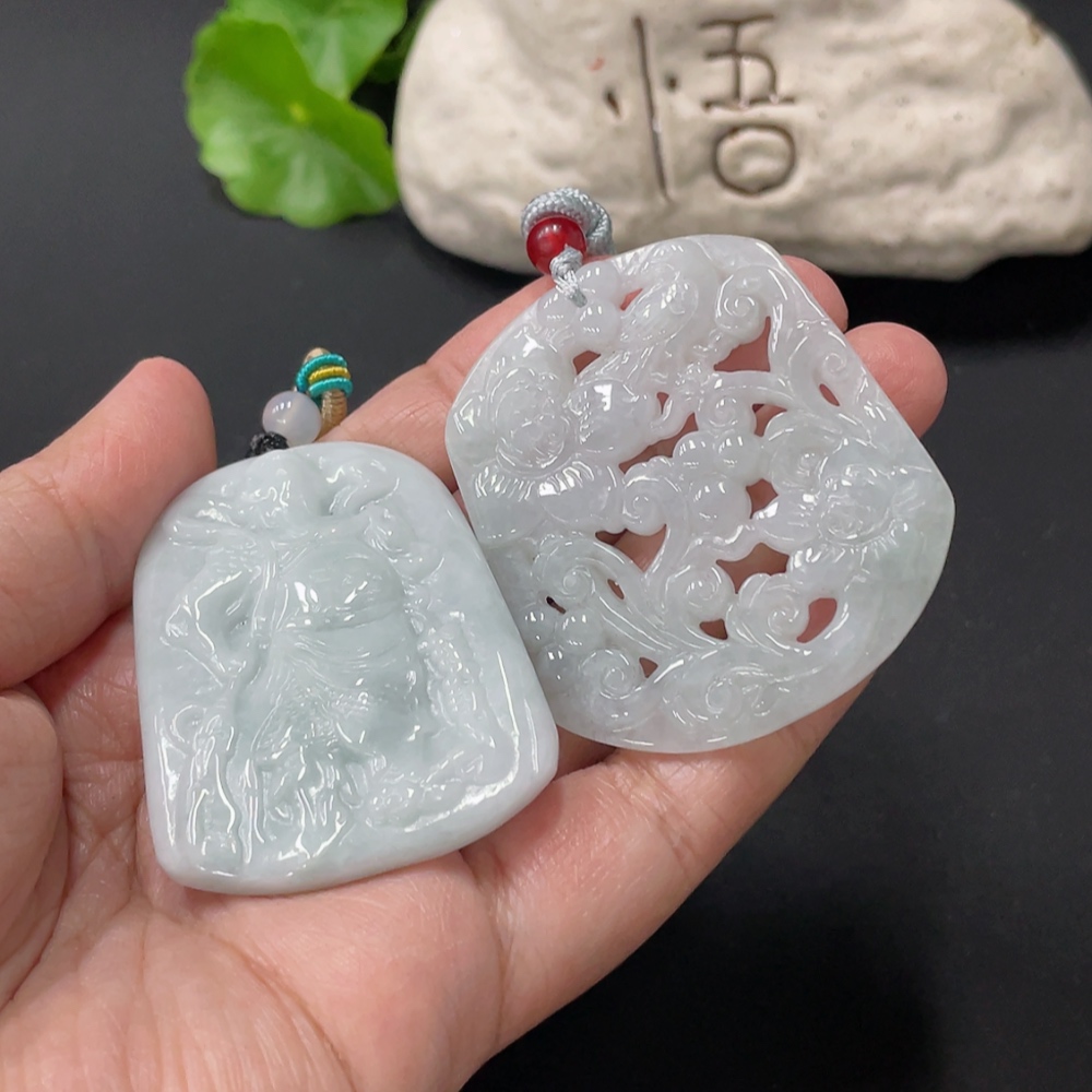 F33836613 Jadeite Pendant Guan Gong Plaque Flourishing Wealth With Non-A Grade Beads