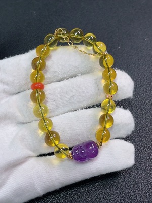 C33923145 Amber Beeswax Bracelet with Crystal + Red Agate, Non-Gold, Total Weight Approx. 8.89g, Size About 7.7mm