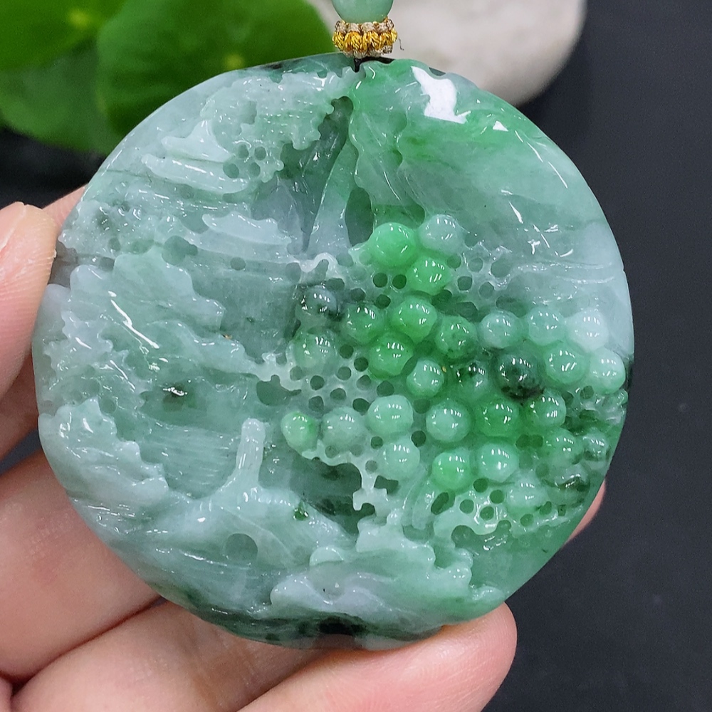 F34961325 Jadeite Landscape Pendant with Cord, Total Weight Approx. 56.6g