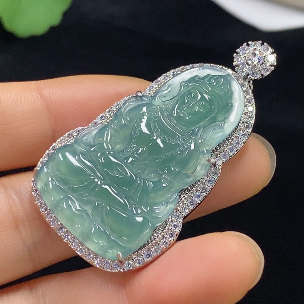 F32789290 Jadeite Cabochon Inlaid Pendant Non-Gold Total Weight Approx. 15.58g (including chain)