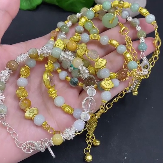 F34001794 Jadeite Bead Necklace Sell as a Lot Non-gold Setting (Yellow Color Origin Undetermined) (Contains Other Mineral Components) (Matching Beads Not Grade A)
