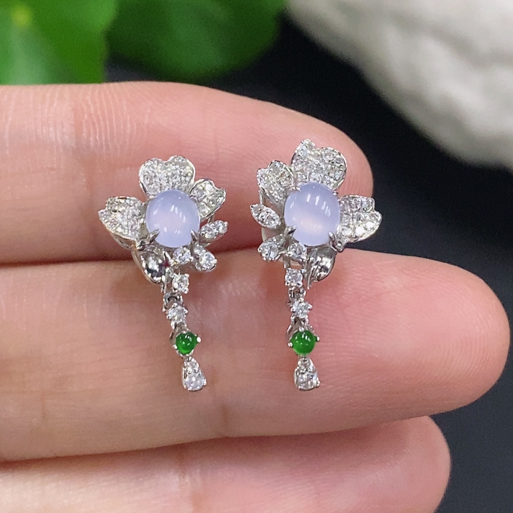 F30484017 Jadeite Cabochon Earrings 18K Gold Total Weight Approx. 2.5g (Diamond Accents)