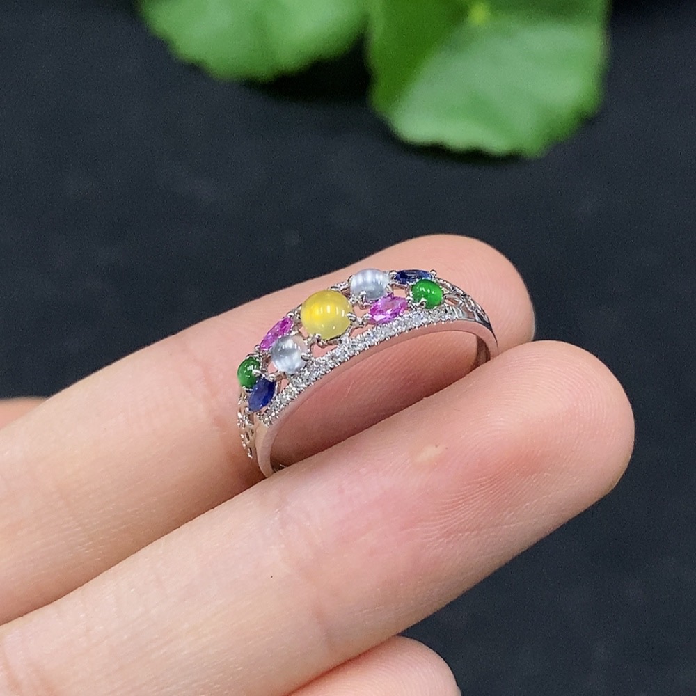 F30496836 Jadeite Cabochon Inlaid Ring 18K Gold Size 14 Total Weight Approx.1.6g Color Origin Undetermined Non-Type A Bead With Diamond Accents