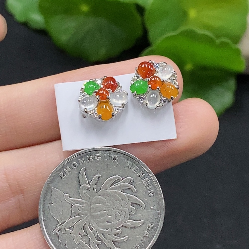 F33946427 Jadeite Cabochon Earrings Non-Gold Setting Total Weight Approx. 2.4g Yellow-Red Part Color Origin Undetermined