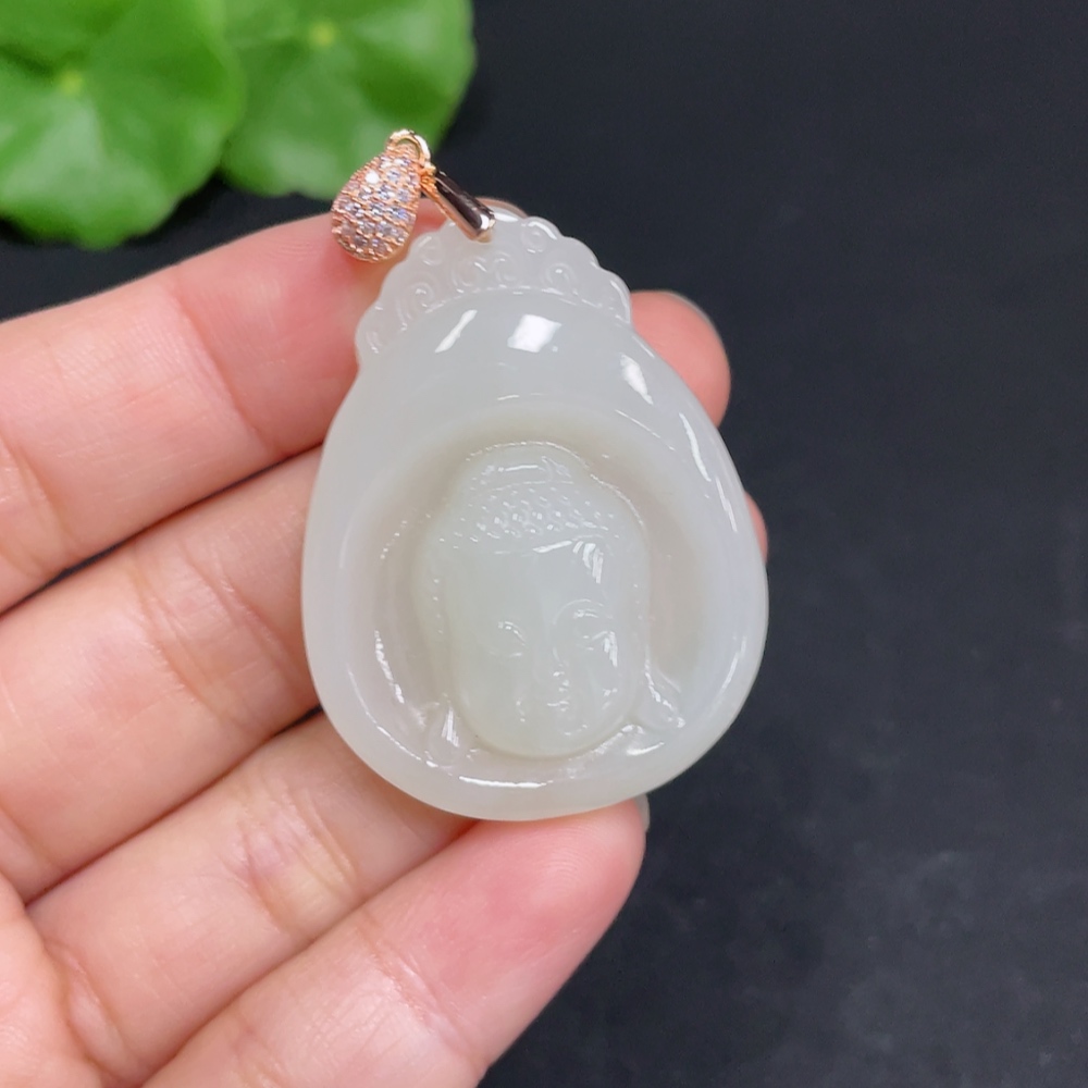 H35102795 Hetian Jade Pendant Buddha Amulet Non-Gold Inlaid Total Weight Approx. 14.7g
