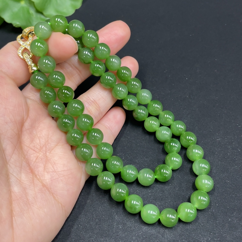 H35102452 Hetian Jade Bead Necklace, approx. 7.8mm, non-gold inlaid, total weight approx. 44.1g