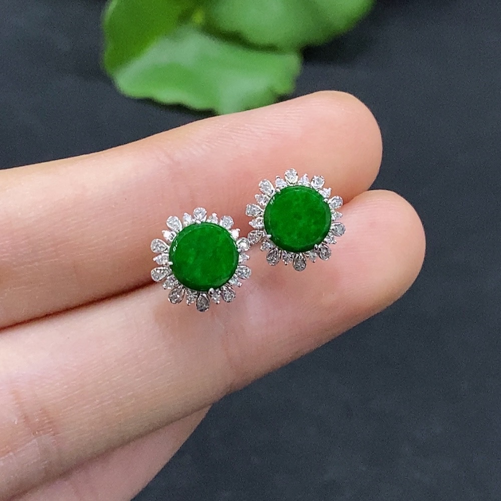 F31603759 Jadeite Cabochon Earrings Set in 18K Gold with Diamond Accents, Total Weight Approximately 1.66g