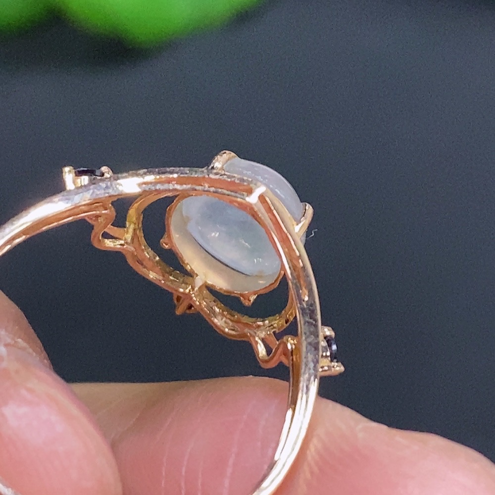 F28192091 Jadeite Cabochon Set Ring 18k Gold Setting Size 14 Total Weight Approx. 1.8g with Diamond Accents