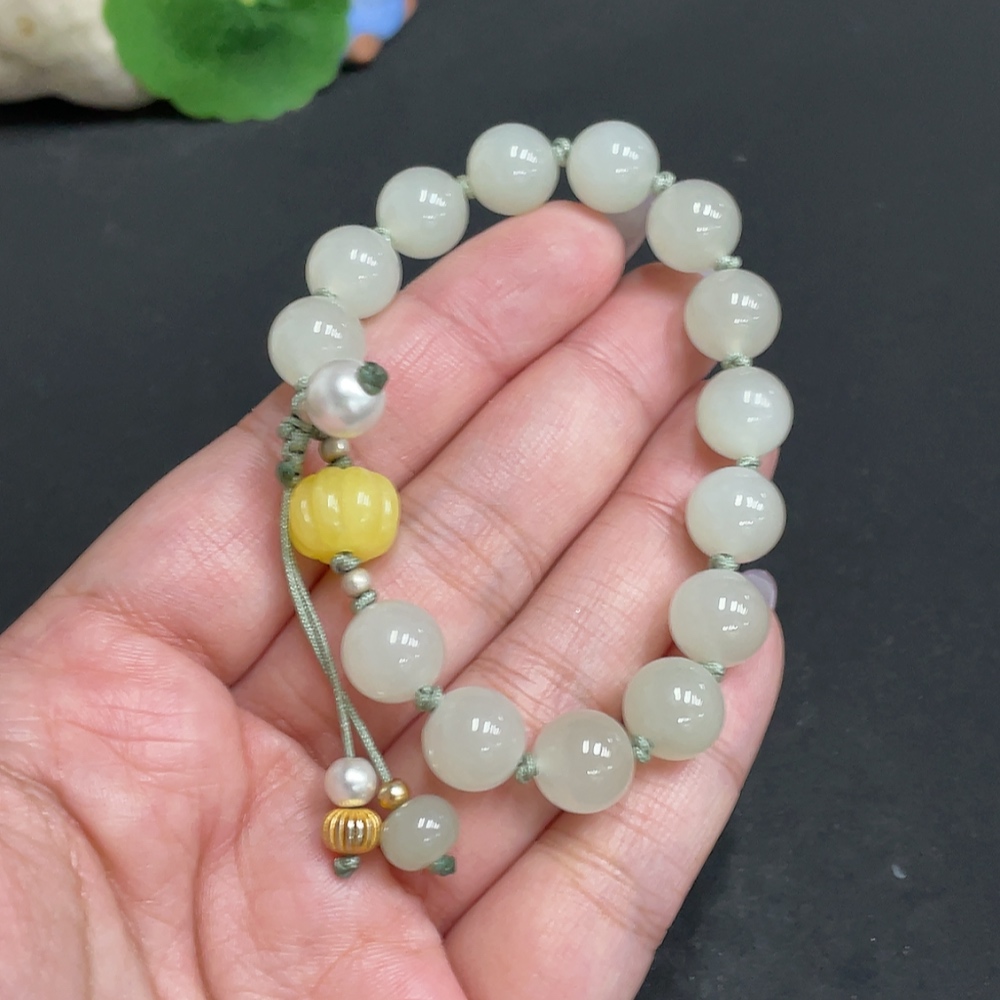 H33862731 Hetian Jade Bead Bracelet, approx. 9.9 mm, total weight about 24.8g, non-Hetian jade accessory beads