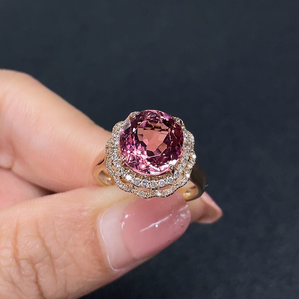 C32720444 18K Tourmaline Ring with Diamond Side Stones, Total Weight Approx. 3.78g, Size 13
