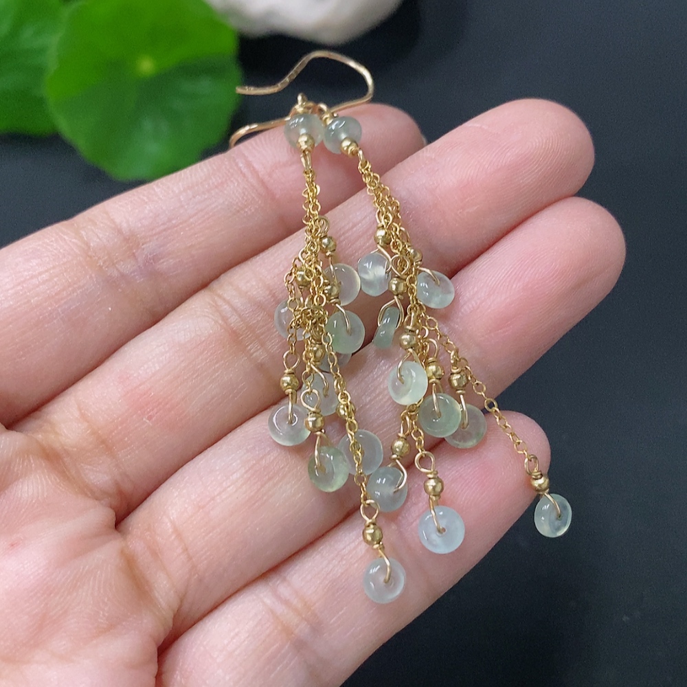 F31589402 Jadeite Inlaid Earrings with Hook (41% Au, Non-Gold Remainder, Total Weight Approx. 3g)