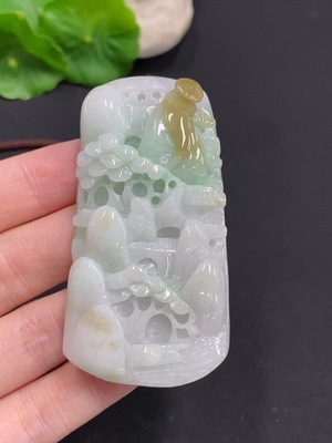 F35159511 Jadeite Landscape Pendant Total Weight Approx. 68.1g (Including Cord Weight) With Non-Jadeite Beads