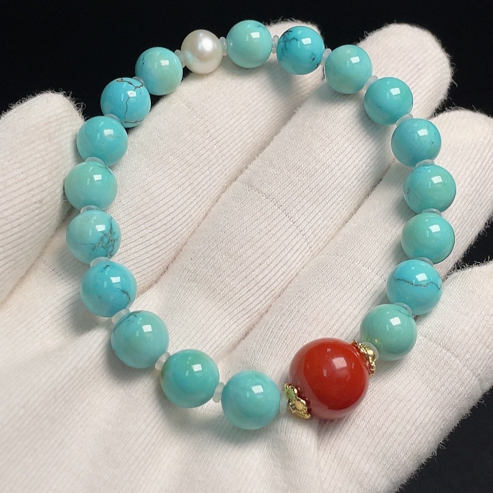 C30445179 Turquoise Bracelet Non-Gold Inlaid Approx.8.7mm Total Weight About 18.57g With Pearls Stones Considered Non-Natural