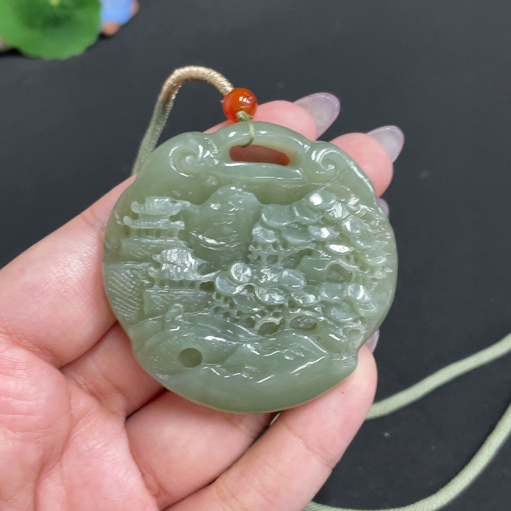 H33862761 Hetian Jade Pendant Landscape (Total Weight Approx. [with Rope] 50.9g)