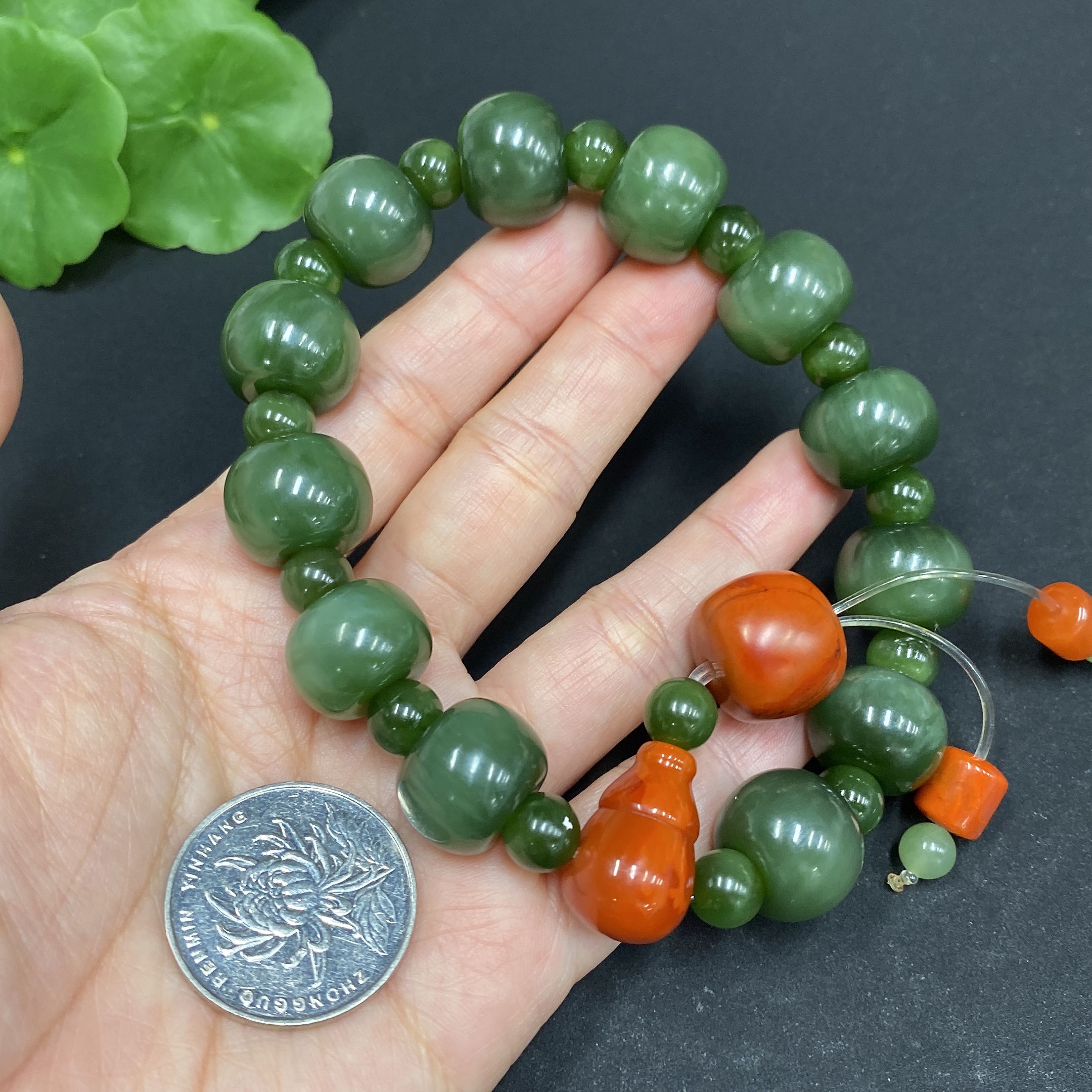 H33859085 Hetian Jade Bracelet 15/7.2mm Approx. Total Weight About 90.3g with Southern Red Agate