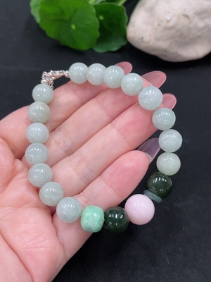 F34012270 Jadeite Bracelet Approx. 8.8mm Total Weight About 25.3g (Non-Gold Inlaid) (Matching Beads Non-A) (With Hetian Jade)