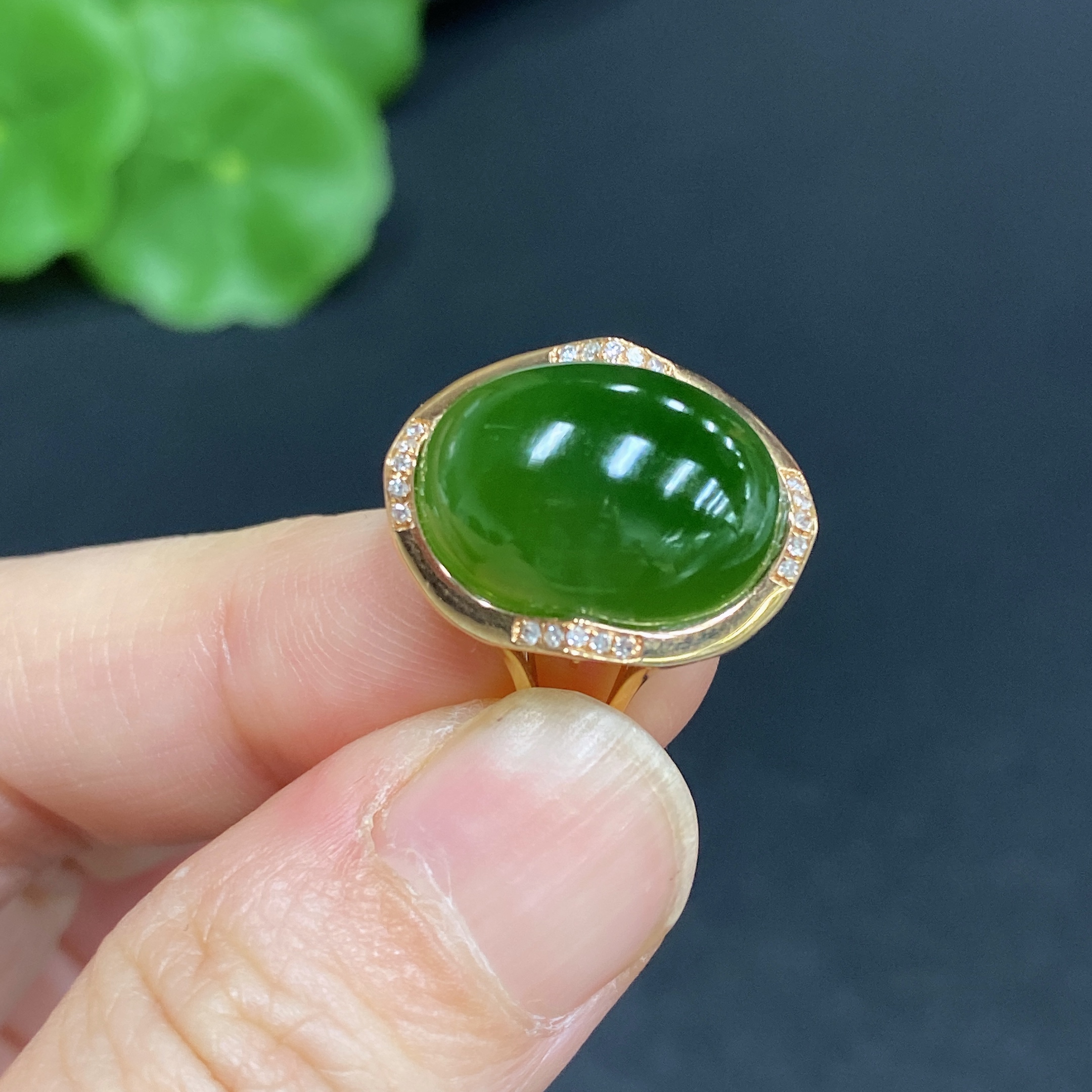 H33859040 Hetian Jade Inlay Ring 18k Gold Size 14 with Diamond Inlay Total Weight Approx. 4.1g