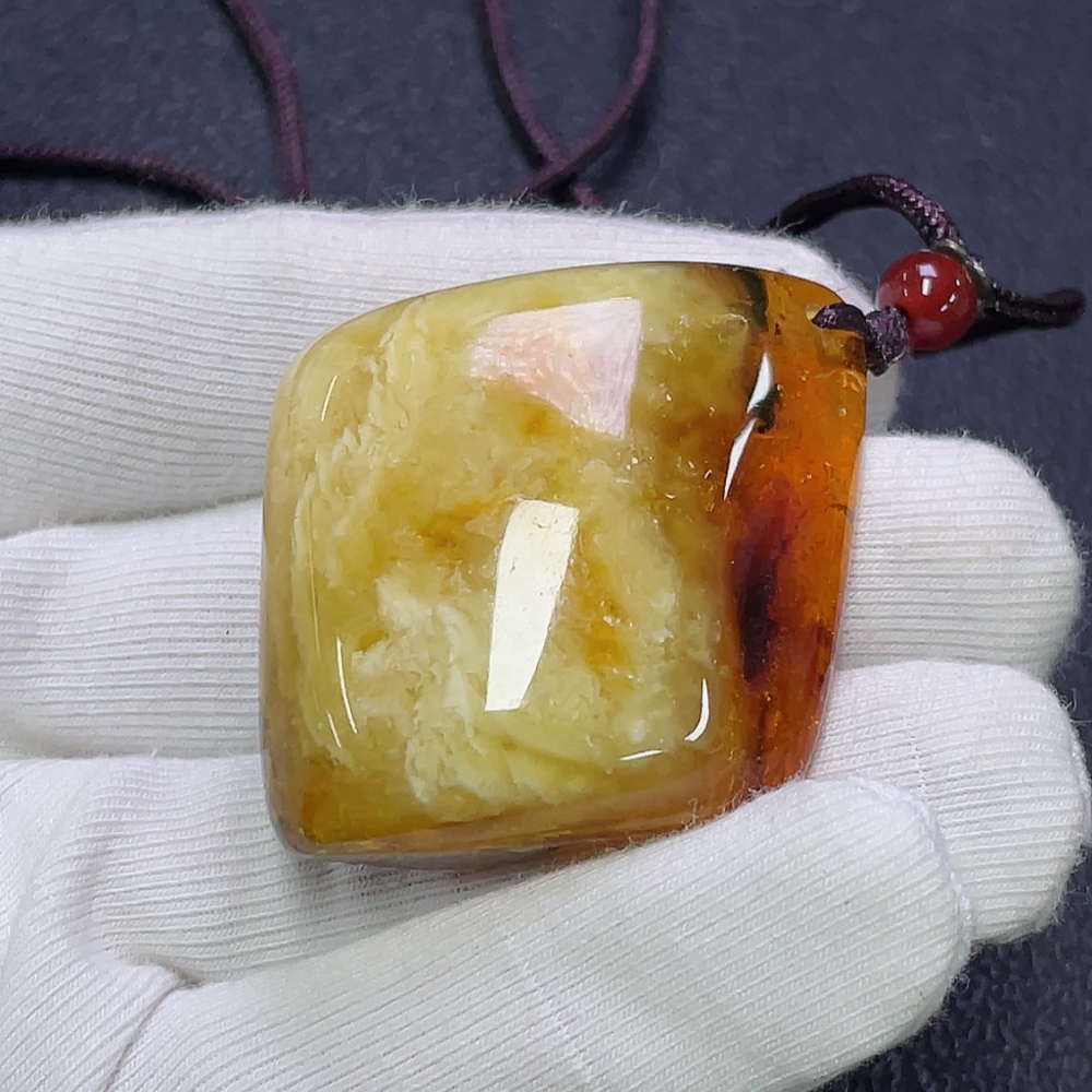 C30474282 Amber Beeswax Pendant with Partial Visible Repairs, Total Weight Approx. 16.85g Including Cord, Consider Non-Natural Matching Stones
