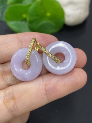 F46533264 翡翠甜甜圈镶嵌耳饰 非金 货品总重量约9克 非钻