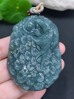 F34023049 Jadeite Peacock Pendant, Total Weight Including Rope Approximately 58.6g