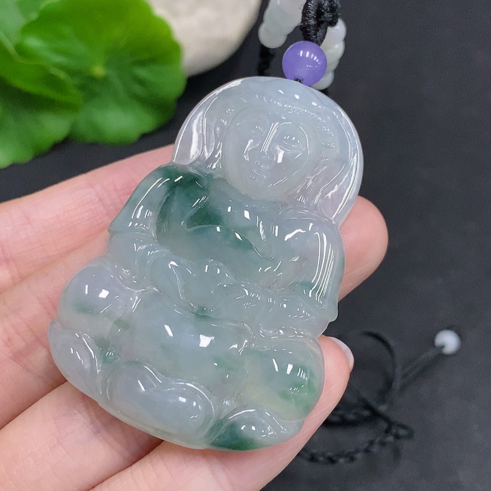 F34967861 Jadeite Guanyin Pendant Total Weight with Rope Approx. 24.5g (Matching Beads Non-Grade A)