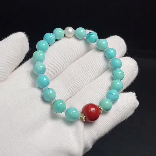 C30445179 Turquoise Bracelet Non-Gold Inlaid Approx.8.7mm Total Weight About 18.57g With Pearls Stones Considered Non-Natural
