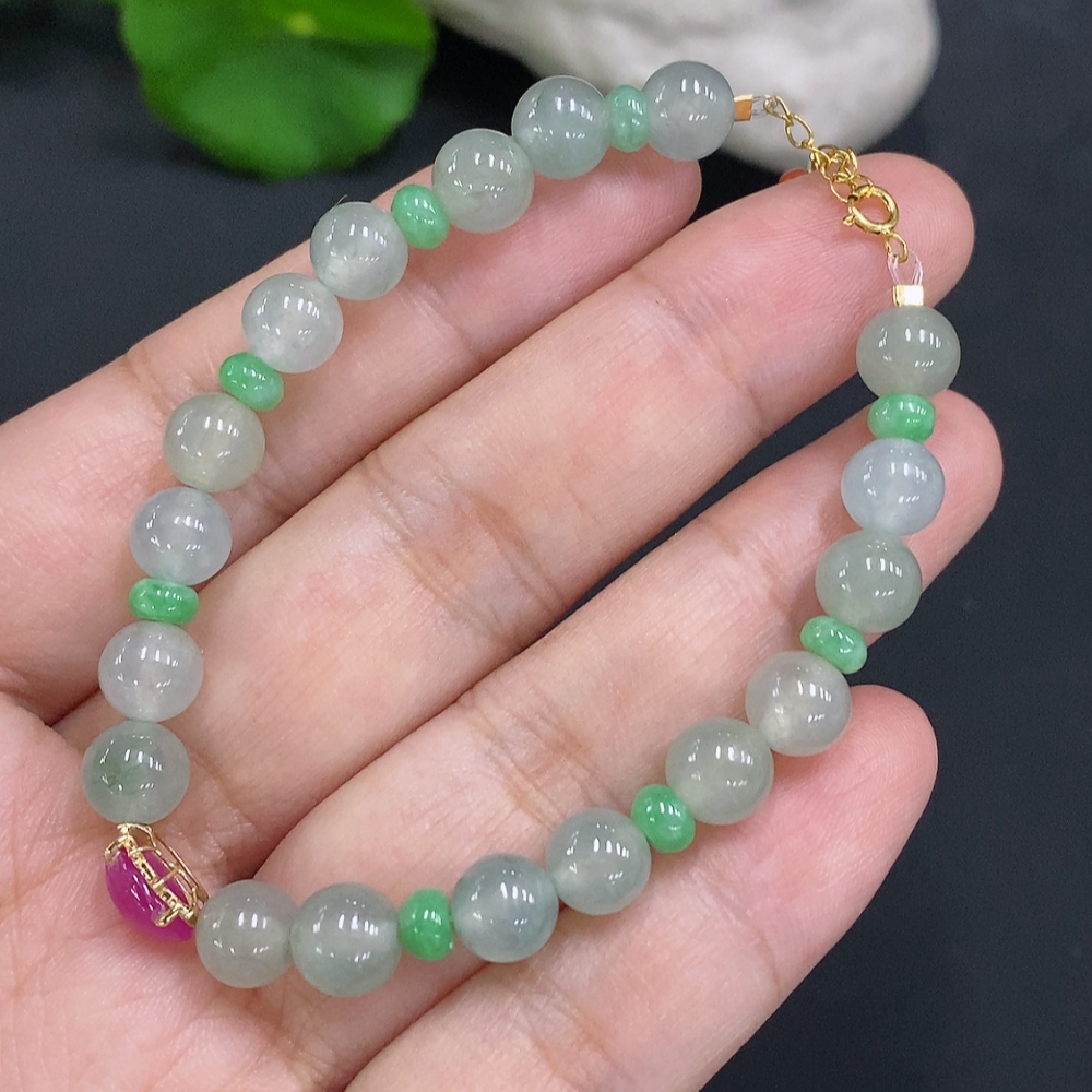 F31622252 JadeiteBead Necklace, approx. 6.7mm (18K Gold), total weight approx. 12.5g (color origin undetermined) (matching beads not Grade A)