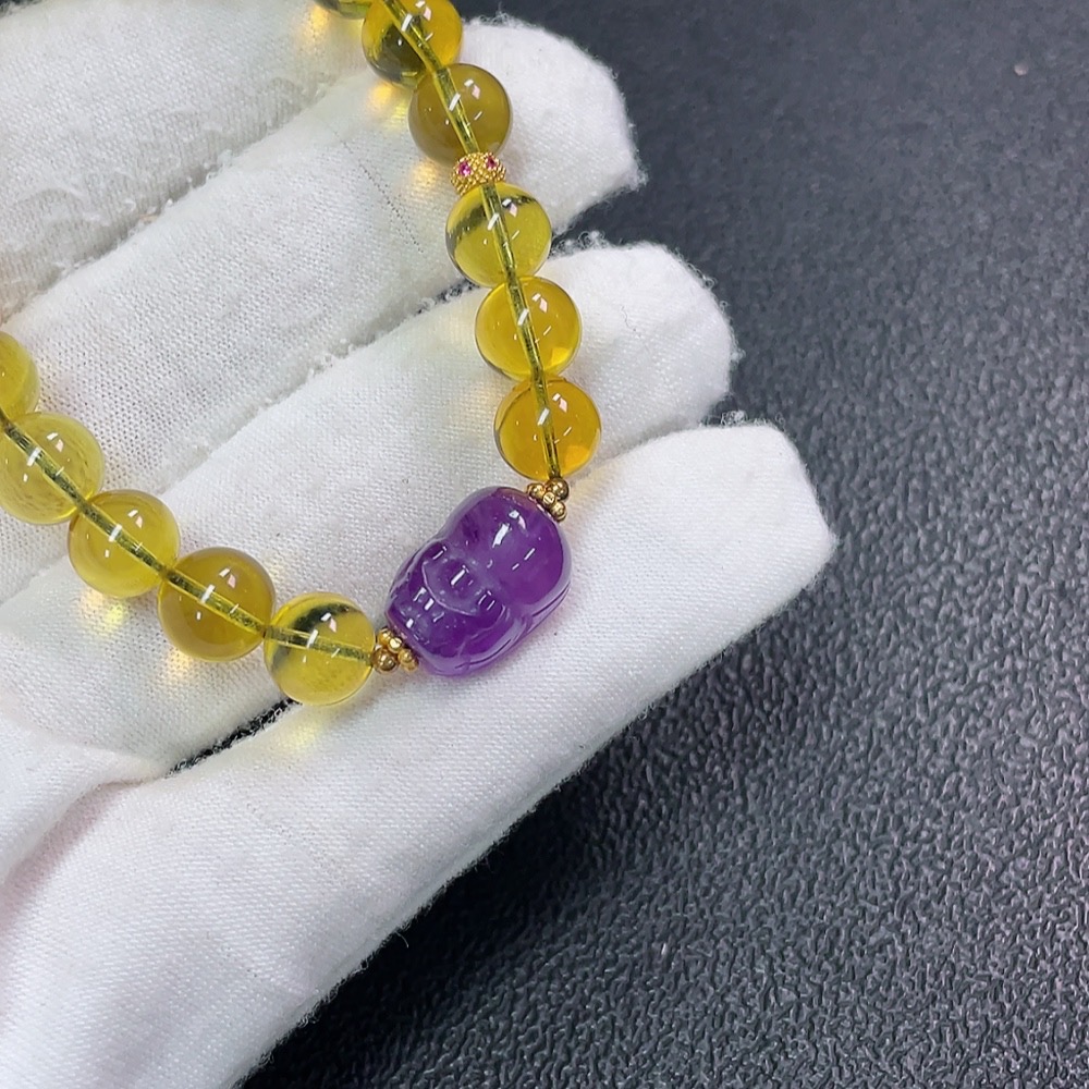 C33923145 Amber Beeswax Bracelet with Crystal + Red Agate, Non-Gold, Total Weight Approx. 8.89g, Size About 7.7mm