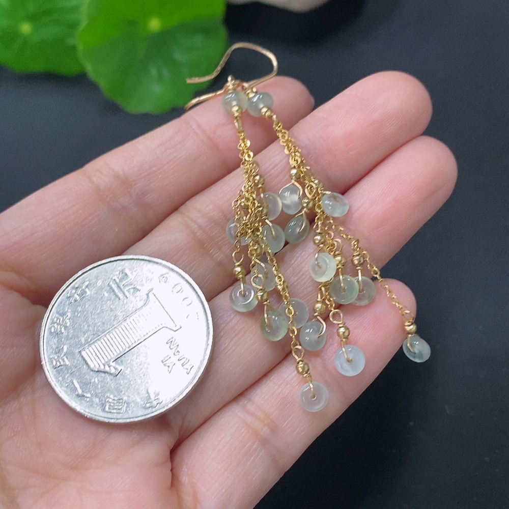 F31589402 Jadeite Inlaid Earrings with Hook (41% Au, Non-Gold Remainder, Total Weight Approx. 3g)