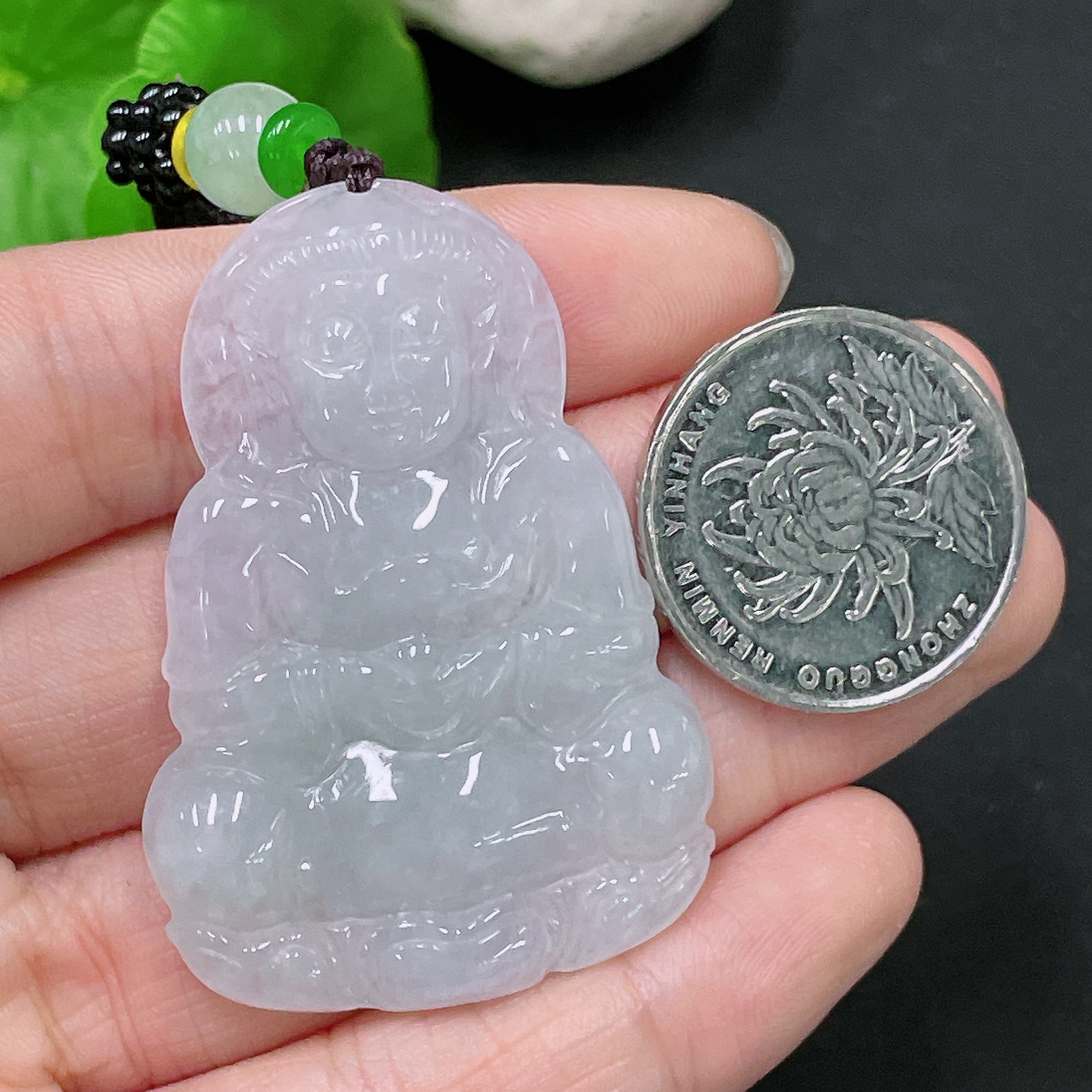 F33893534 Jadeite Guanyin Pendant, Total Weight Approx. 19.7g (Including Rope Weight)