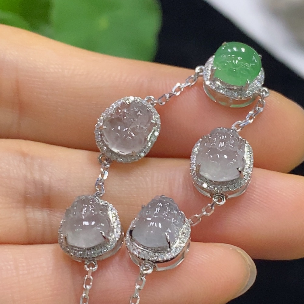 F33835789 Jadeite Inlaid Bracelet PT950 with Diamond Accents, Total Weight Approx. 5.9g