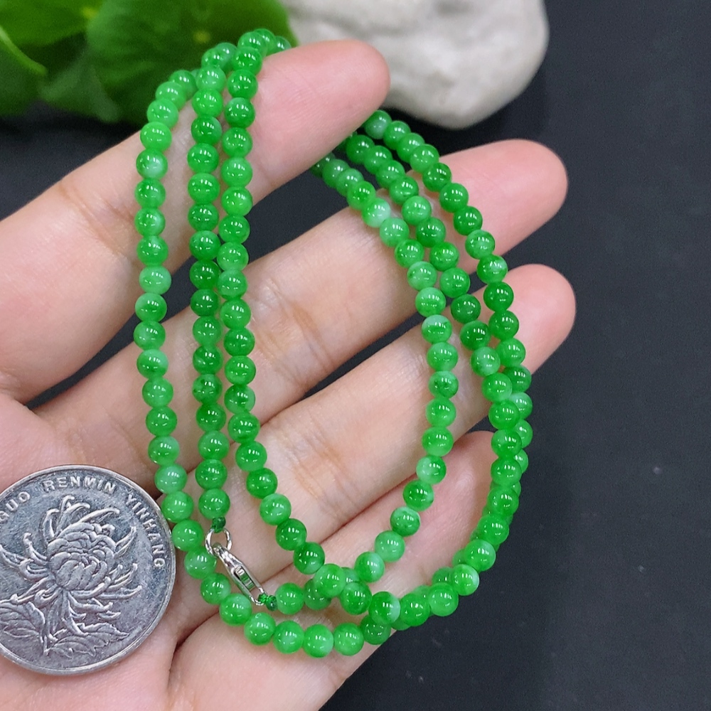 F34001603 Jadeite Bead Necklace Approx. 3.7mm Non-Gold Total Weight Approx. 14g