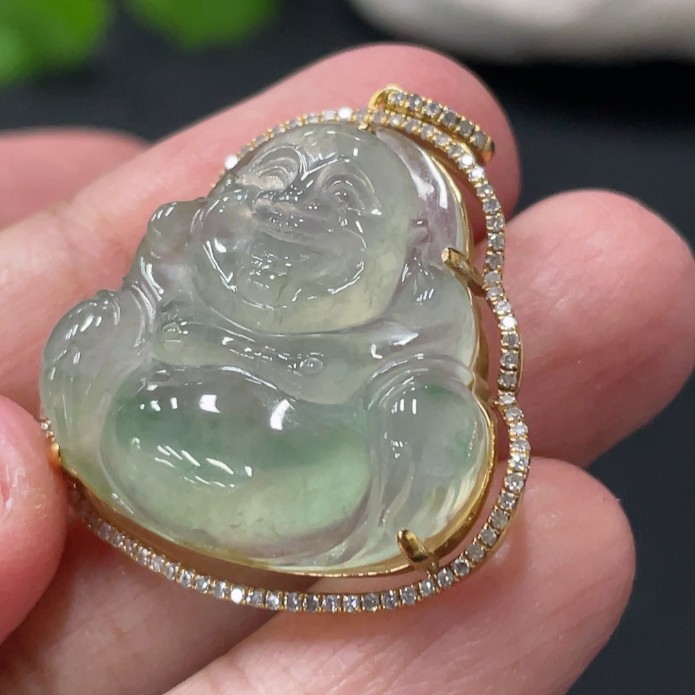 F33837840 JadeiteBuddha Pendant with 18K Gold Setting and Chain, Total Weight Approx. 10.6g, Accented with Diamonds
