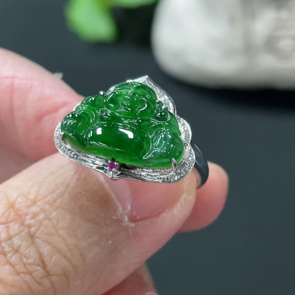 F35145613 Jadeite Buddha Inlaid Ring 18k Gold Setting Size 13 Total Weight Approx. 2.3g With Diamond (Colorless) Inlay